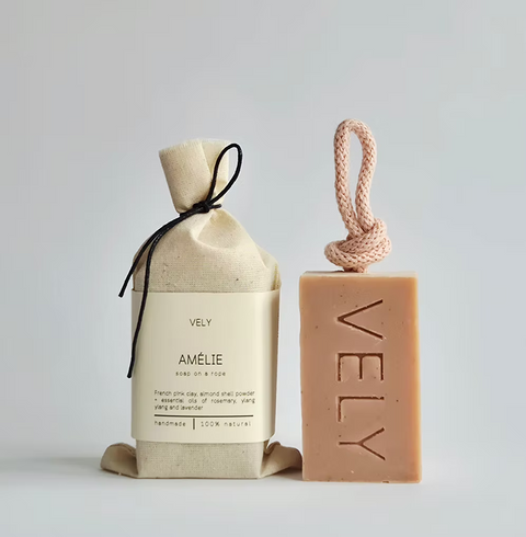 Natural Handmade Soap On A Rope | Amélie with French Pink Clay