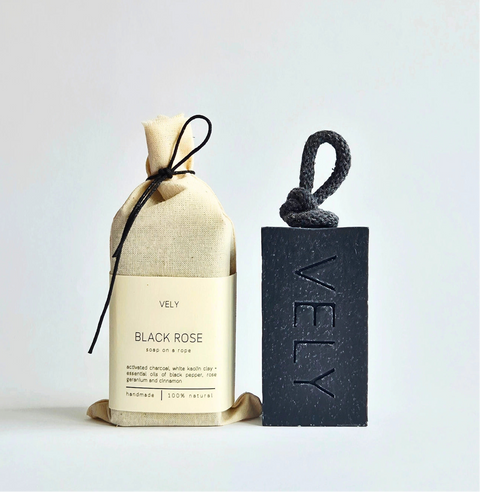 Natural Handmade Soap On A Rope | Black Rose with Activated Charcoal
